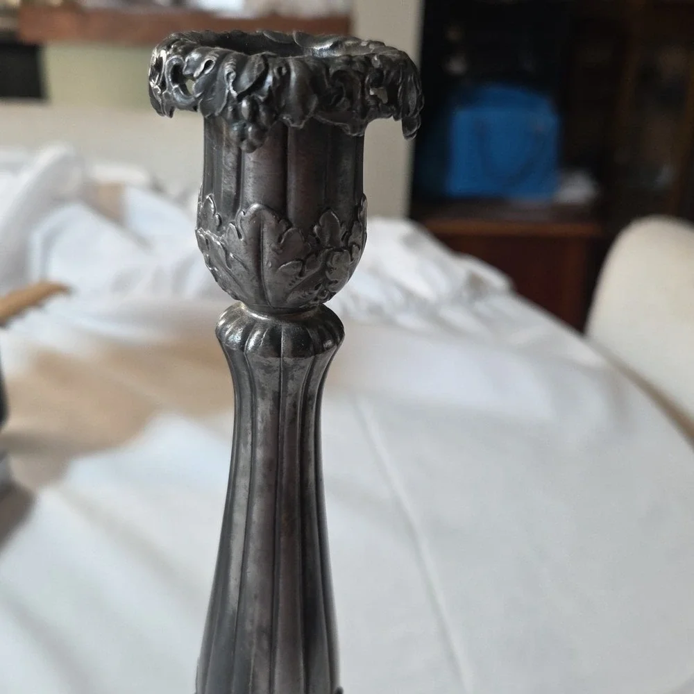 Antique‎ Art Nouveau Grape Vine Candlestick Pewter Pierced Base 9